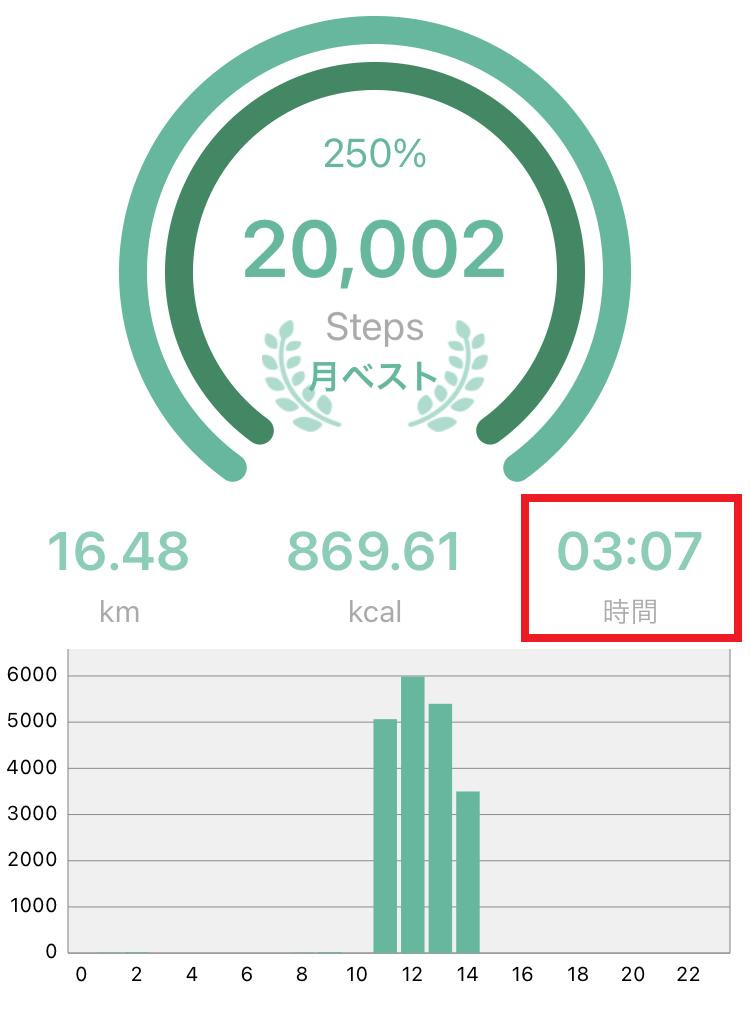 ２万歩歩くのにかかった時間を示すアプリ画面