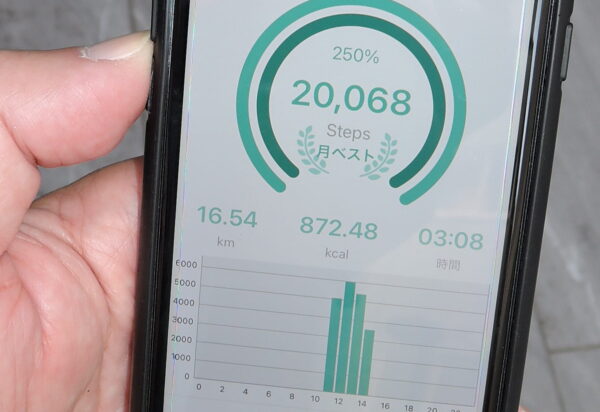 ２万歩歩いたことを示すスマホのウォーキングアプリ